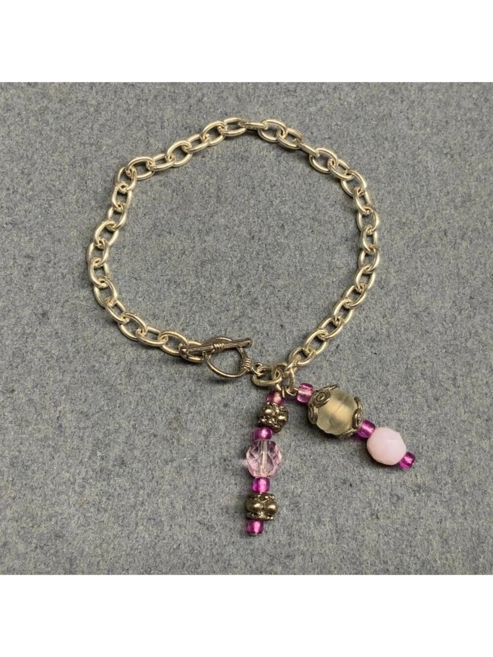 Dangle Charms Toggle Bracelet 7.5 In Silver Chain Pink Faceted Bead Barbie Retro